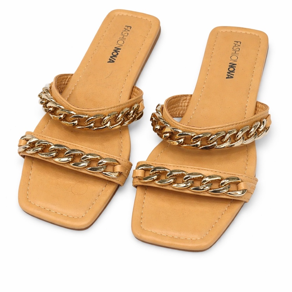 Fashion Nova Gold Chain Square Toe Slides – Size 10 – Brand New